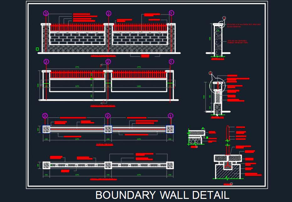 Boundary Wall CAD DWG- Brick Masonry & MS Grill Design